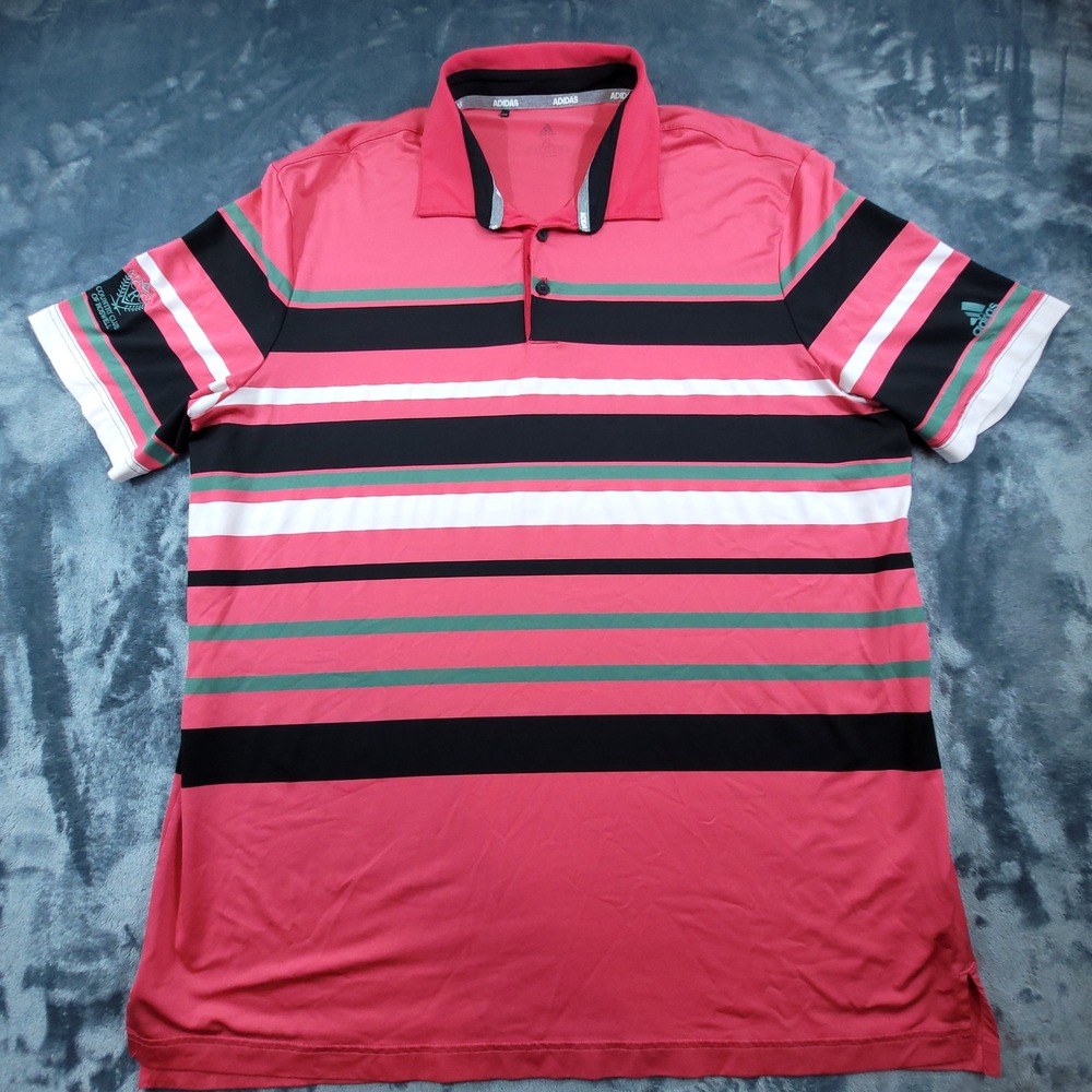 Adidas Golf Polo Shirt Mens‎ XL Pink Black Striped Country Club of Roswell Logo